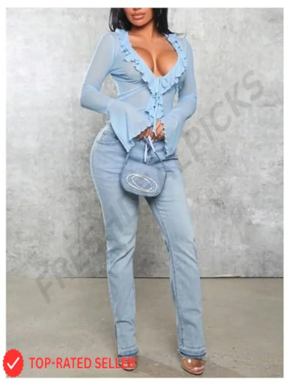 Long Bell Sleeve Shrug Bolero See Through Ruffle Trim Mesh Lightweight Plus - Picture 5 of 5